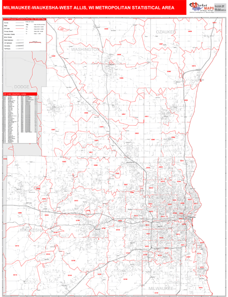 Milwaukee-Waukesha-West Allis Metro Area Wall Map Red Line Style